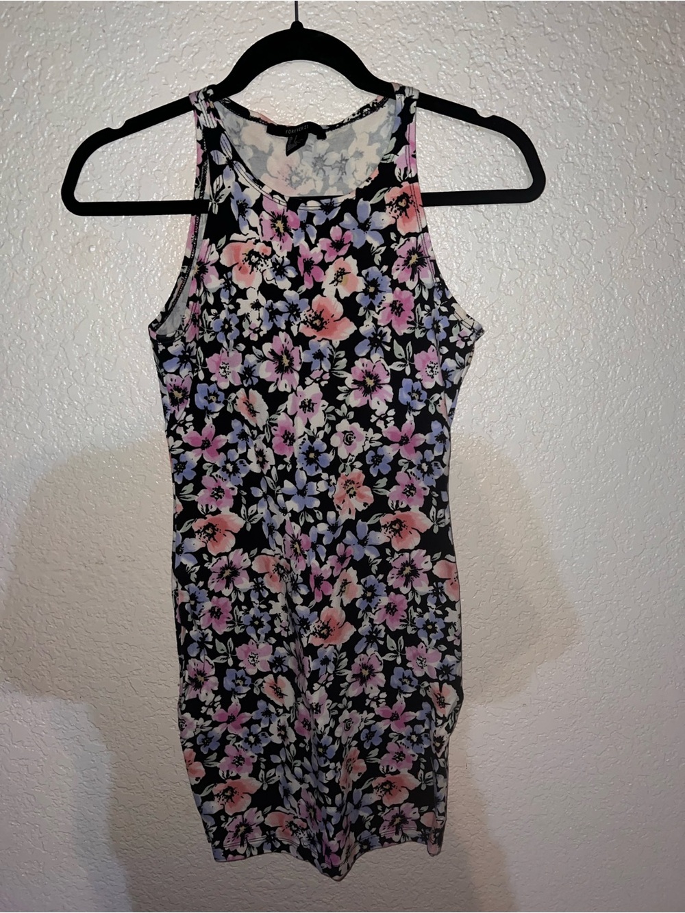Forever 21 Black Floral Bodycon Mini Dress with Pink & Lavender Flowers